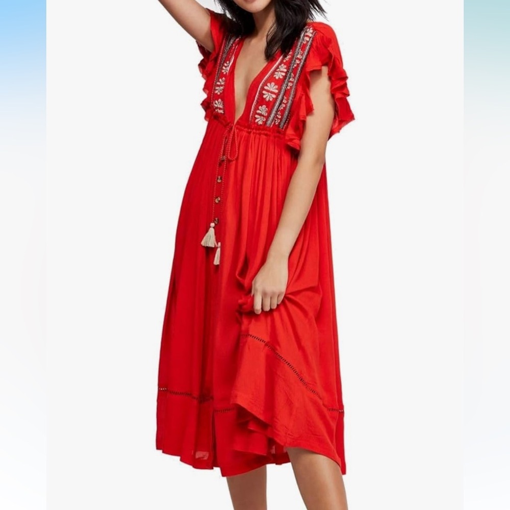 Free People Red Embroidered Boho Midi Dress Ruffle Sleeve Tassel V-Neck S/P